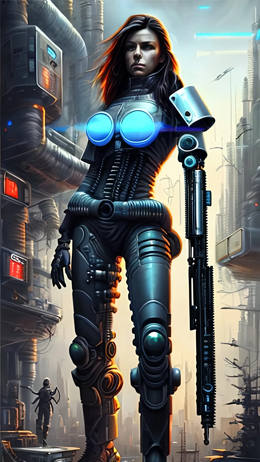 Prompt: airbrushed matte oil painting, masterpiece :1.4, best quality:1.0, cyberpunk, female cyborg mercenary wearing ballistic armor, character portrait, in the style of Eric Belisle