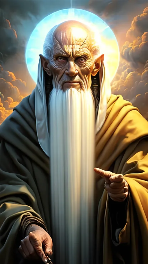 Prompt: airbrushed matte oil painting, masterpiece:1.4, best quality:1.0, photorealistic, highly detailed, medieval fantasy, character portrait, elderly sun priest, in the style of Eric Belisle