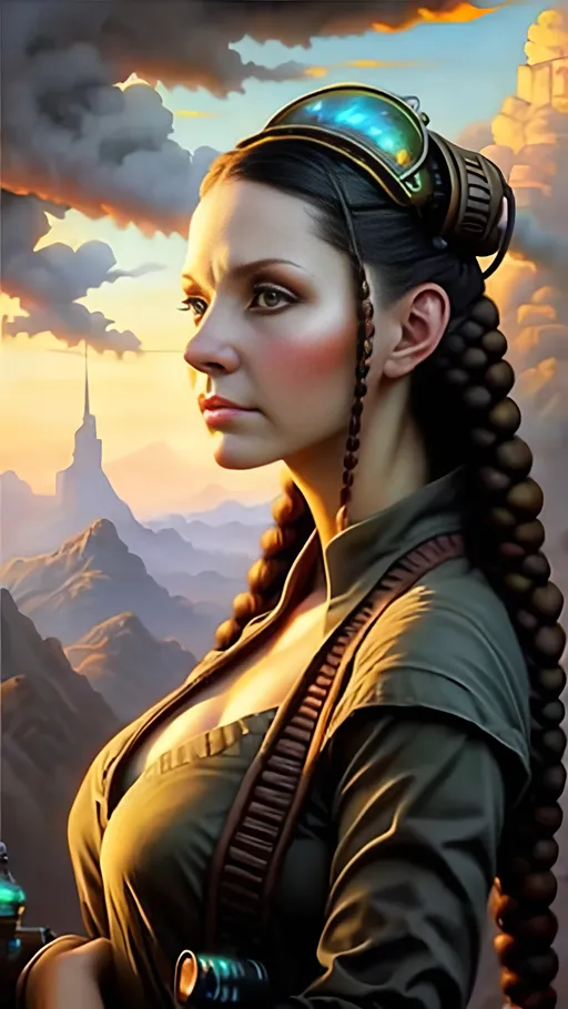 Prompt: airbrushed matte oil painting, masterpiece :1.4, best quality:1.0, beautiful female solarpunk settler, character portrait, in the style of Eric Belisle