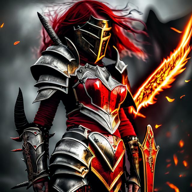 Prompt: photorealistic fantasy high definition detailed devil woman red hair black plate armor flaming sword