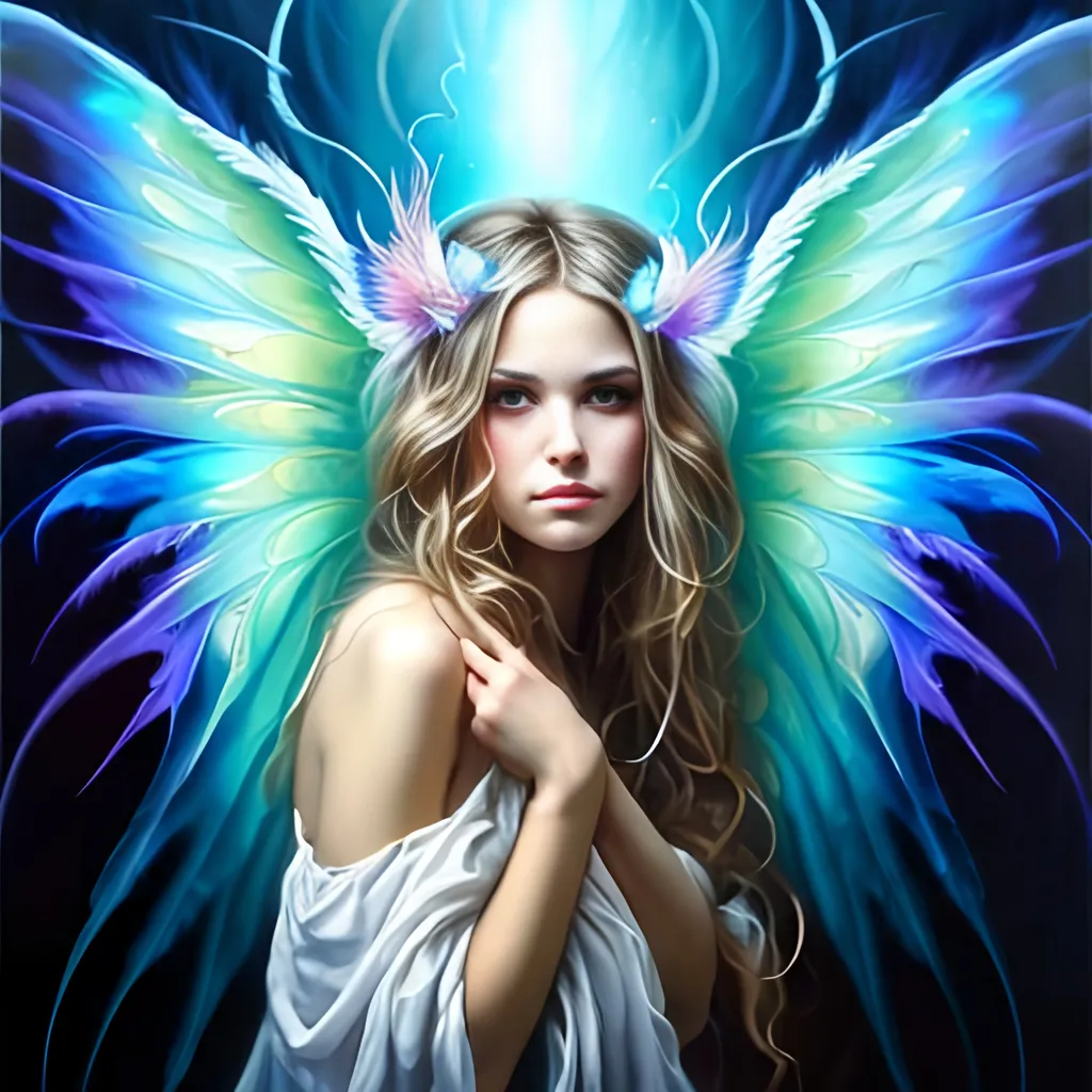 Prompt: airy airbrushed oil painting, masterpiece :1.4, best quality:1.0, highly detailed beautiful face, buxom female angel, feathered neon rainbow wings, diaphonous white chiffon dress, character portrait, in the style of Eric Belisle