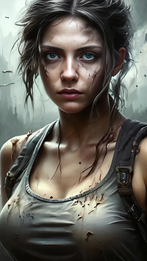 Prompt: airbrushed matte oil painting, masterpiece:1.4, best quality:1.0, photorealistic, highly detailed, survival horror, character portrait, beautiful heroine, female survivor, dirty face, dirty tank top, torn jeans, in the style of Eric Belisle