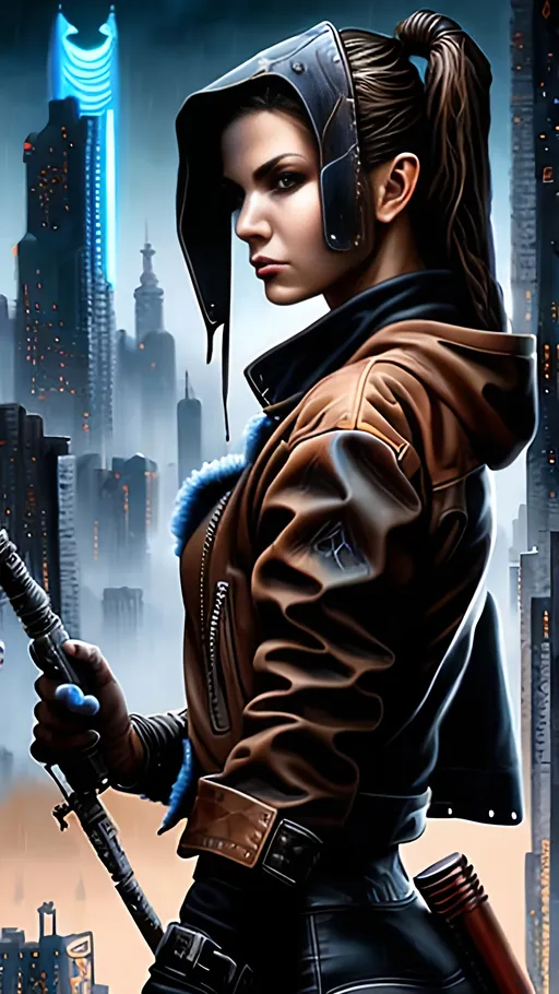 Prompt: airbrushed matte oil painting, masterpiece :1.4, best quality:1.0, cyberpunk, female mage wearing a brown leather jacket, character portrait, in the style of Eric Belisle
