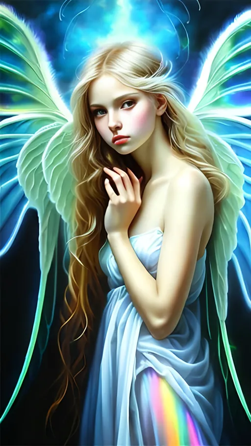 Prompt: airy airbrushed oil painting, masterpiece :1.4, best quality:1.0, highly detailed beautiful face, buxom female angel, neon rainbow wings, diaphonous white chiffon dress, character portrait