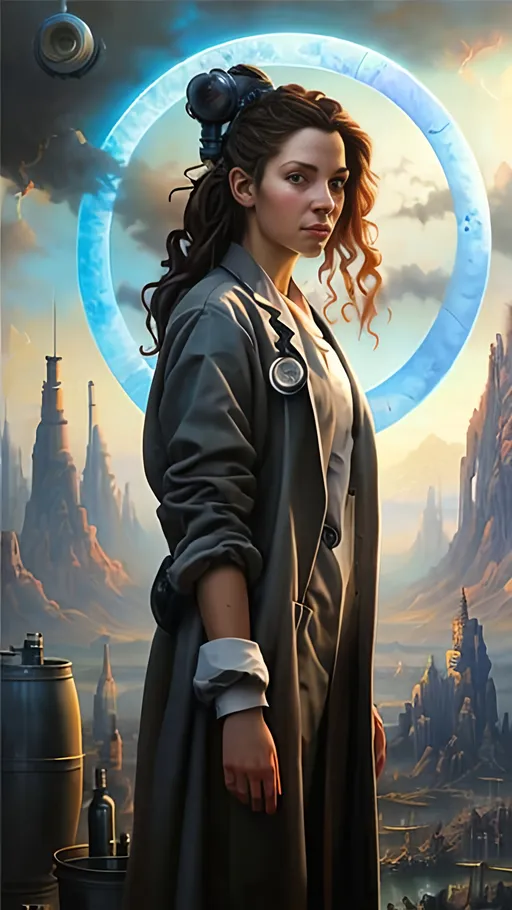 Prompt: airbrushed matte oil painting, masterpiece :1.4, best quality:1.0, optimistic future, solar power, small town, beautiful female solarpunk doctor, character portrait, in the style of Eric Belisle