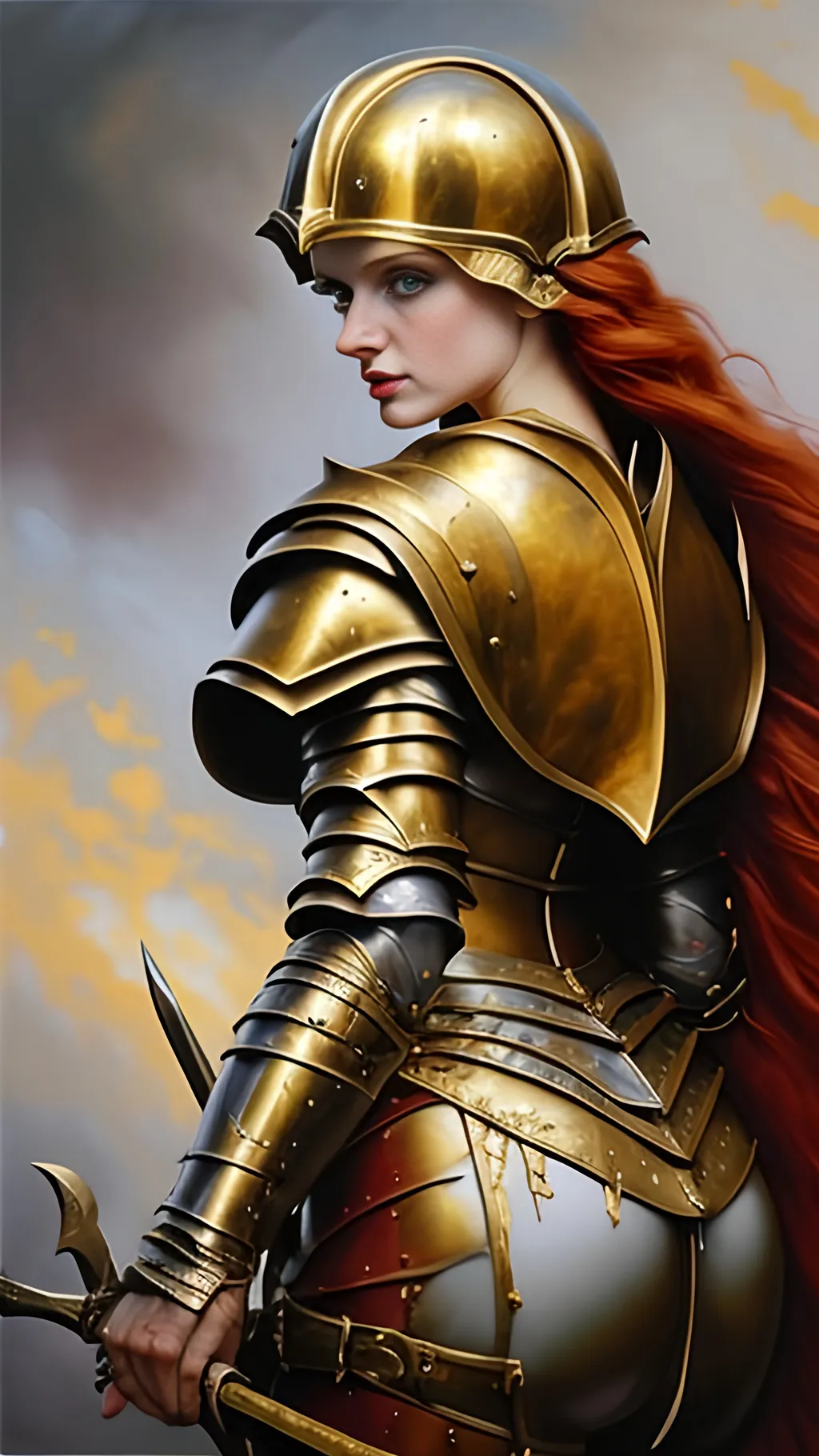 Prompt: airbrushed matte oil painting, masterpiece:1.4, best quality:1.0,
highly detailed face, beautiful irish woman, medieval fantasy portrait, beautiful young female, paladin, red-hair, gold plate armor, gold helmet, in the style of Eric Belisle