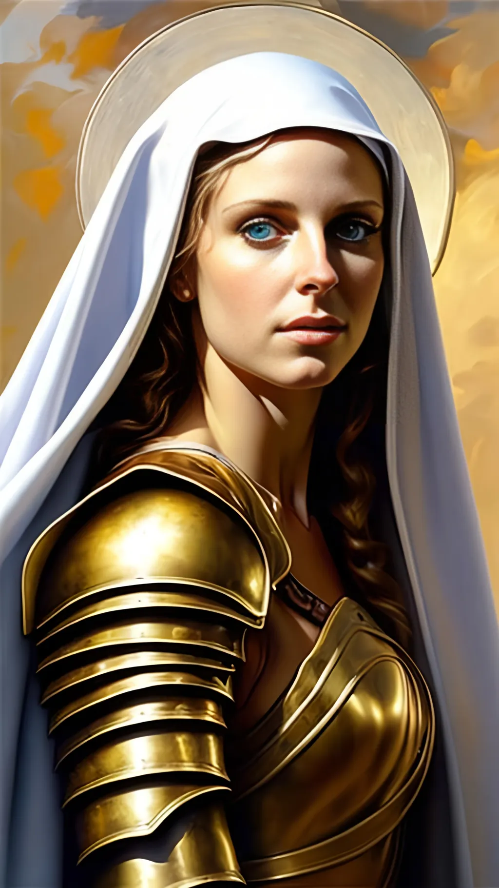 Prompt: airbrushed matte oil painting, masterpiece:1.4, best quality:1.0,
highly detailed, beautiful face, sun-tanned face, medieval fantasy portrait, beautiful young female, warrior nun, gold plate armor, in the style of Eric Belisle