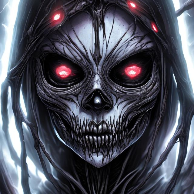 Prompt: artistic face; highly detailed; dark fantasy horror; female skeletal lich; glowing red eyes; black lightning