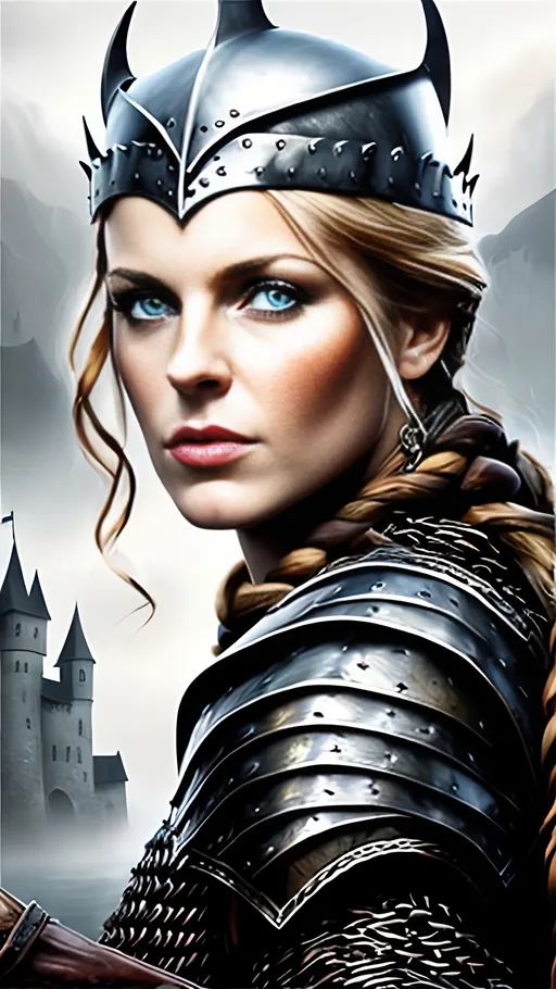 Prompt: stylized matte oil painting, (masterpiece:1.0), (best quality:1.0), medieval fantasy, norse female, character portrait, armored warrior, chainmail