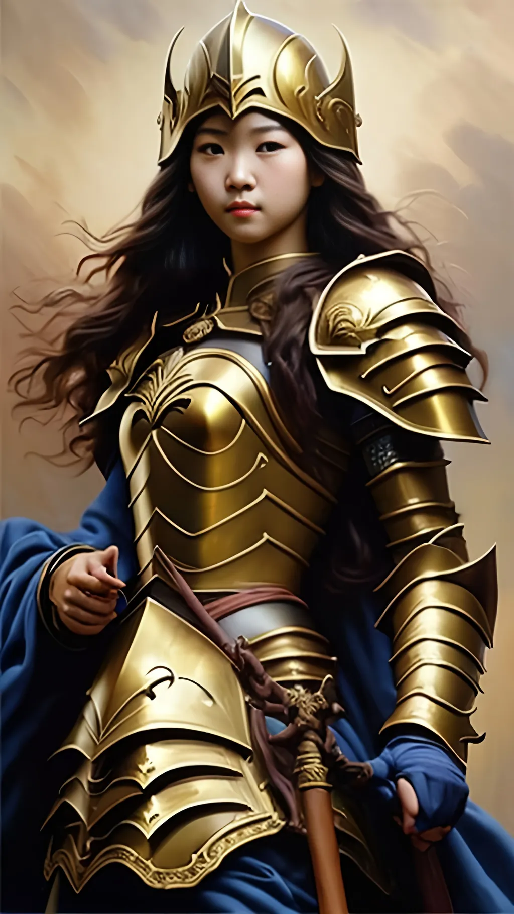 Prompt: airbrushed matte oil painting, masterpiece:1.4, best quality:1.0,
highly detailed, beautiful face, asian woman, medieval fantasy portrait, beautiful young female, paladin, gold plate armor, gold helmet, in the style of Eric Belisle