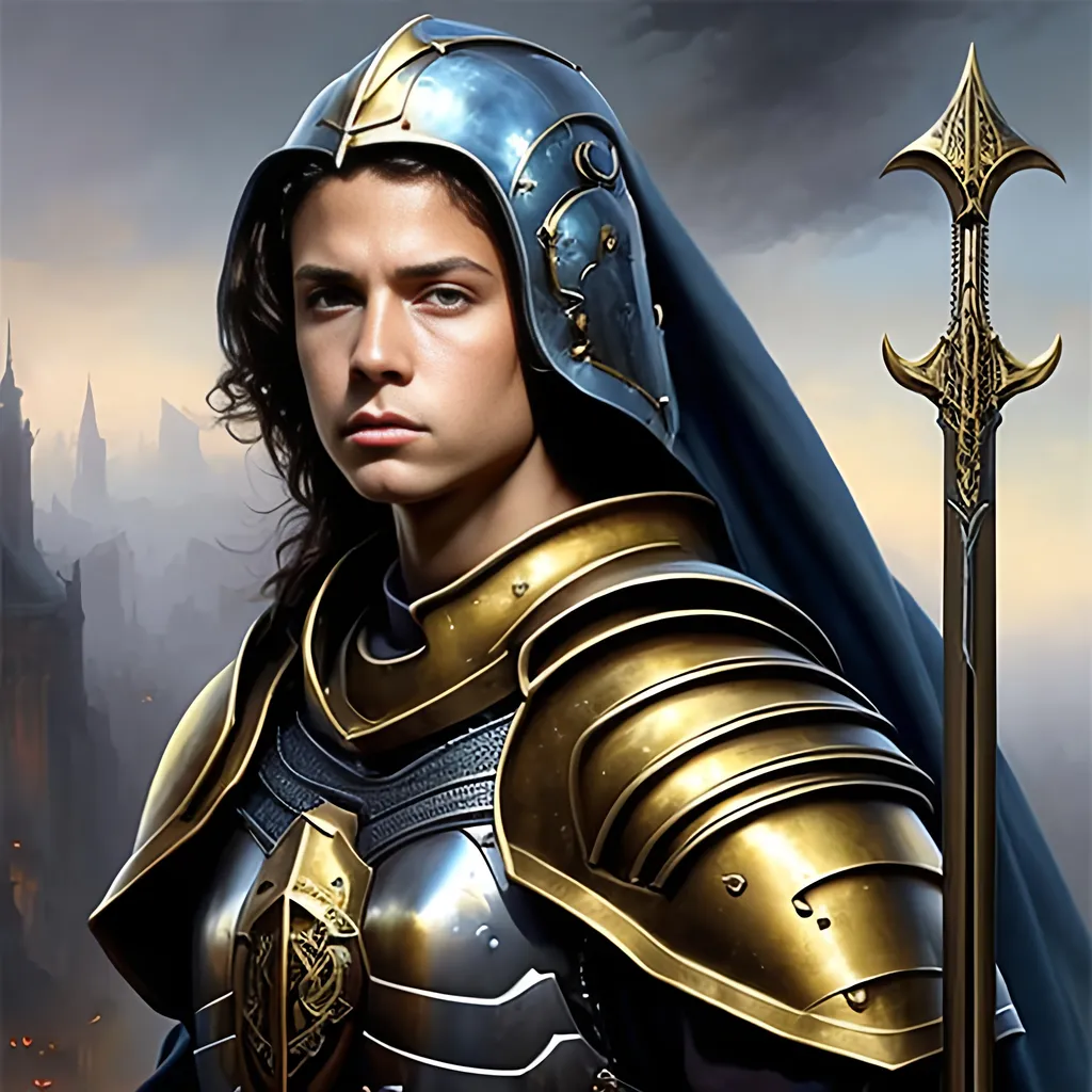 Prompt: airbrushed matte oil painting, masterpiece:1.4, best quality:1.0
realistic beautiful face, medieval fantasy portrait, highly detailed; handsome young female paladin, gold plate armor, in the style of Eric Belisle