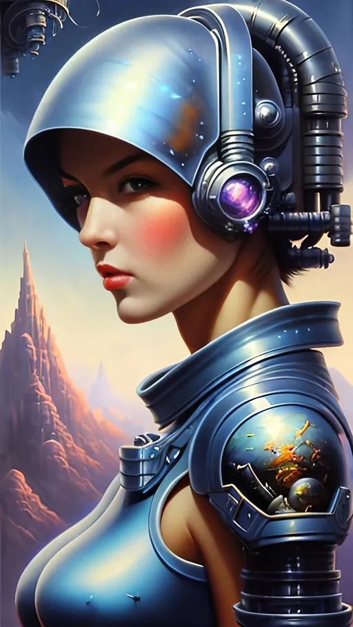 Prompt: airbrushed matte oil painting, masterpiece :1.4, best quality:1.0, retro-futuristic space fantasy robot heroine, beautiful face, character portrait, in the style of Eric Belisle