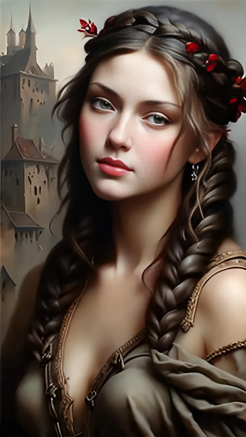 Prompt: airbrushed matte oil painting, masterpiece :1.4, best quality:1.0, medieval fantasy, female, character portrait, in the style of Eric Belisle