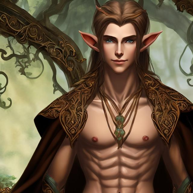 Prompt: bare-chested male wood elf sorcerer with brown hair and green eyes wearing an ornate bathrobe
