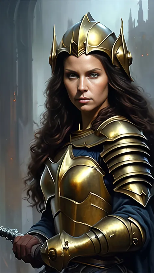 Prompt: airbrushed matte oil painting, masterpiece:1.4, best quality:1.0
realistic beautiful tanned face, medieval fantasy portrait, highly detailed, pretty female paladin, gold plate armor, in the style of Eric Belisle