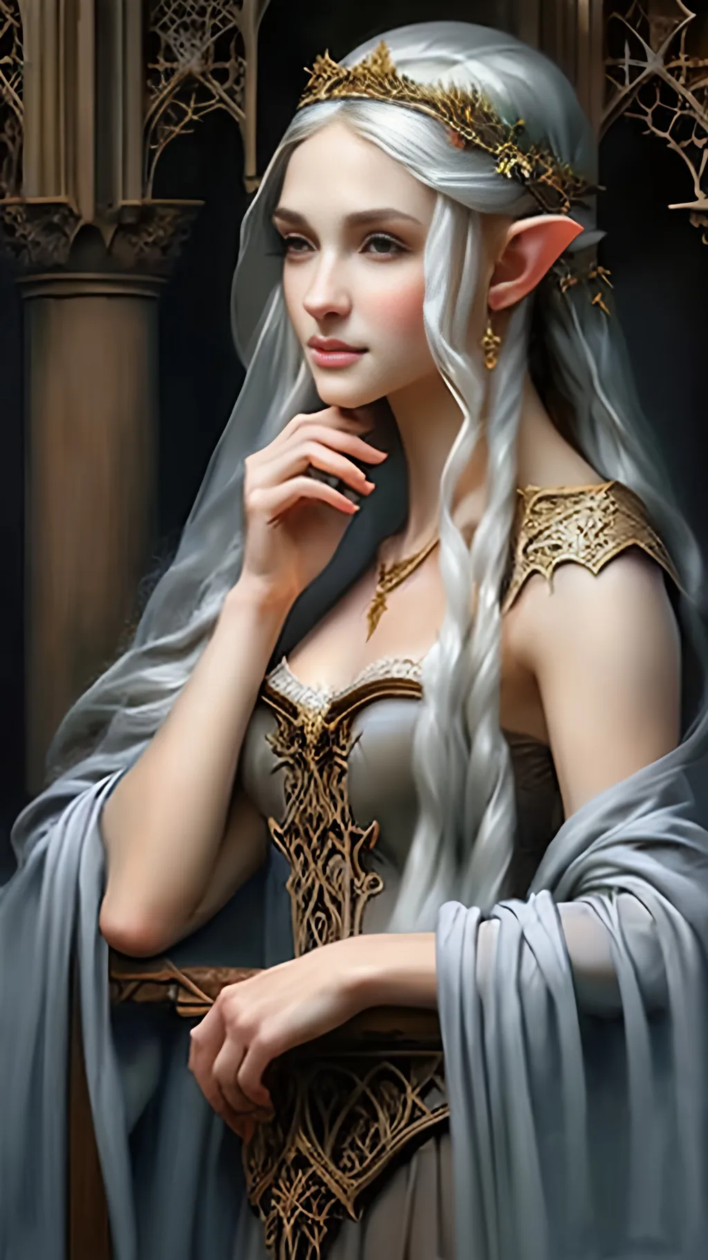 Prompt: airy airbrushed matte oil painting, masterpiece:1.4, best quality:1.0, realistic face; medieval fantasy portrait; highly detailed; elegantly beautiful; gorgeous lace gown; tiara; female elf princess; in the style of eric belisle