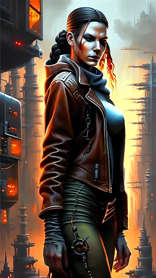 Prompt: airbrushed matte oil painting, masterpiece :1.4, best quality:1.0, cyberpunk, female street shaman wearing a brown leather jacket, character portrait, in the style of Eric Belisle