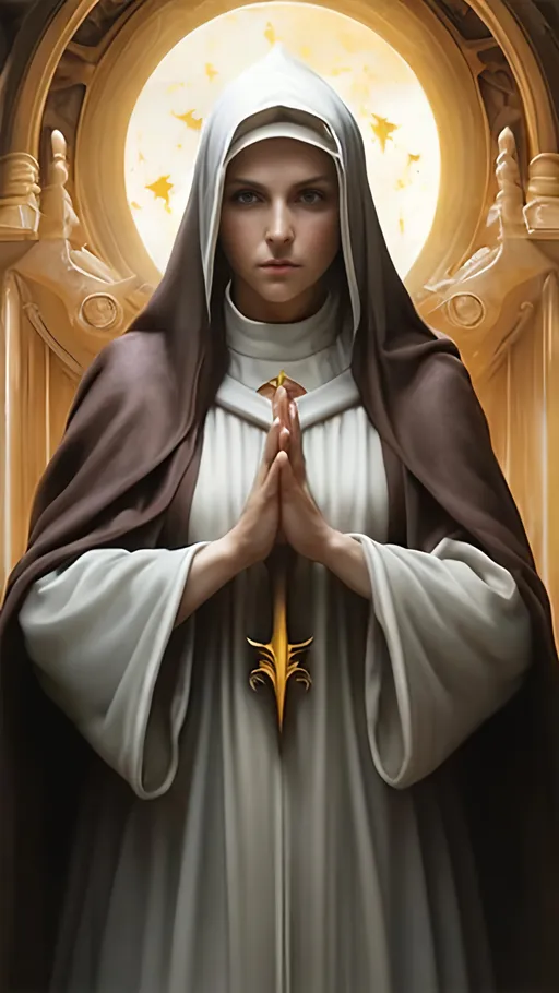 Prompt: airbrushed matte oil painting, masterpiece:1.4, best quality:1.0, photorealistic, highly detailed, medieval fantasy, character portrait, angelic face, serene expression, female aasimar warrior nun, white robes, golden sun amulet, in the style of Eric Belisle