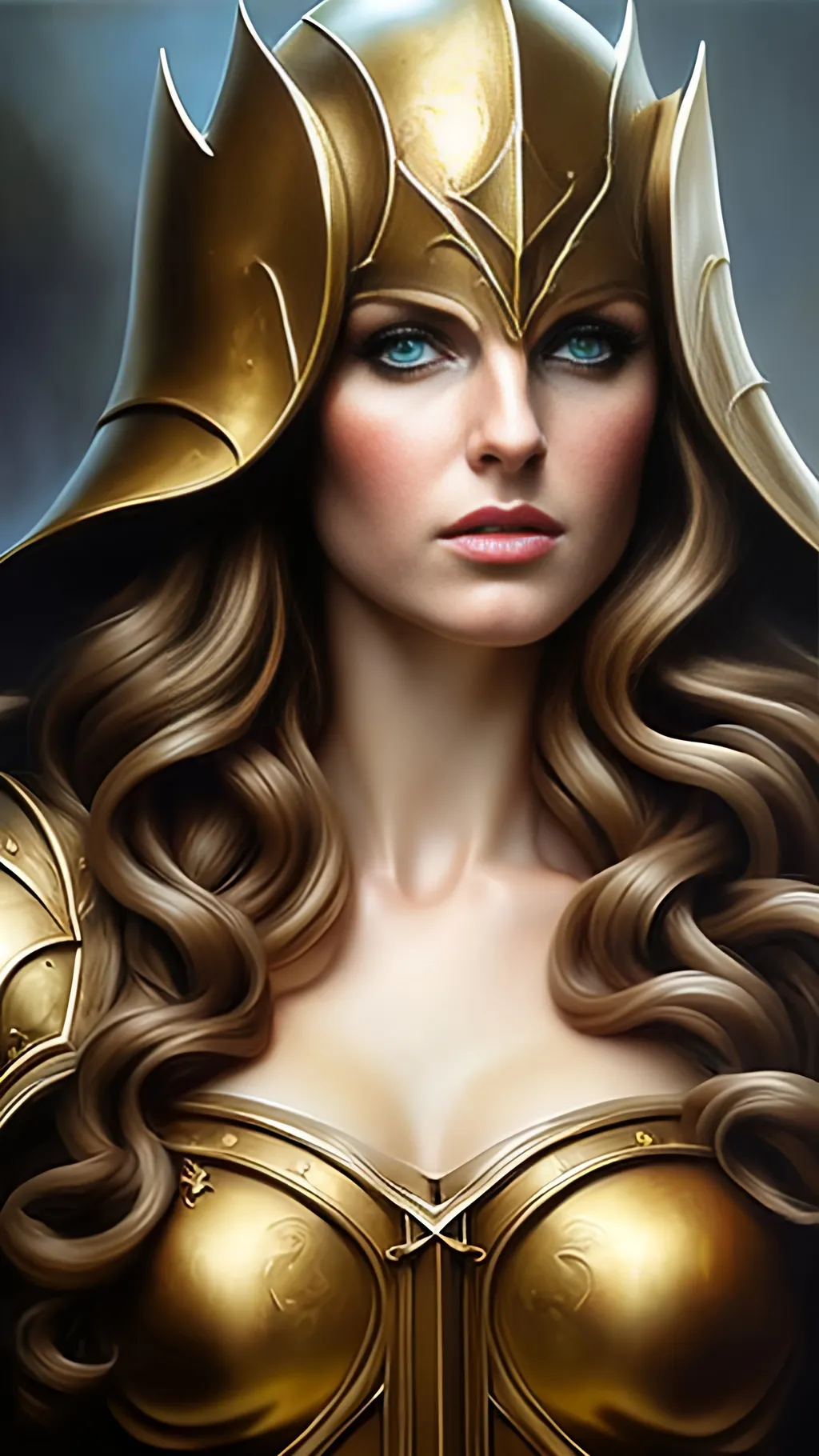 Prompt: airbrushed matte oil painting, masterpiece:1.4, best quality:1.0,
highly detailed face, beautiful irish woman, medieval fantasy portrait, beautiful young female, paladin, gold plate armor, gold helmet, in the style of Eric Belisle