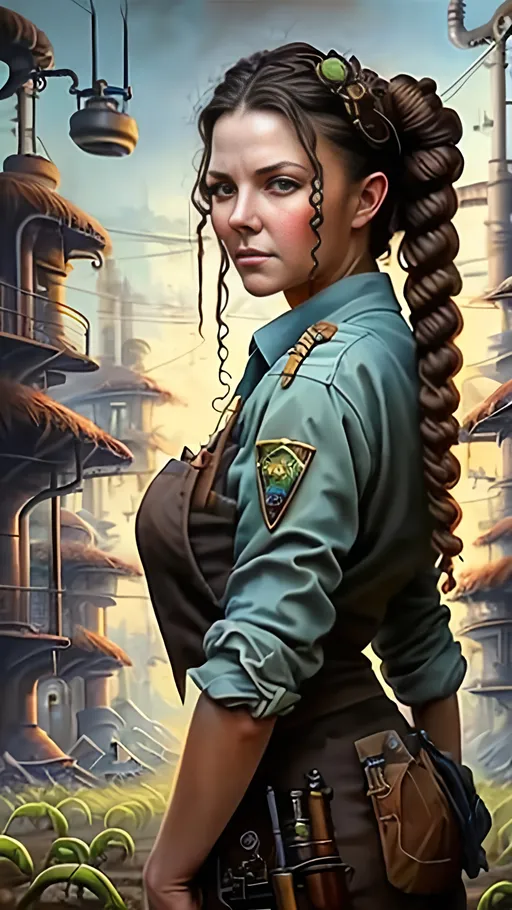 Prompt: airbrushed matte oil painting, masterpiece :1.4, best quality:1.0, beautiful female solarpunk agricultural town sheriff, character portrait, in the style of Eric Belisle
