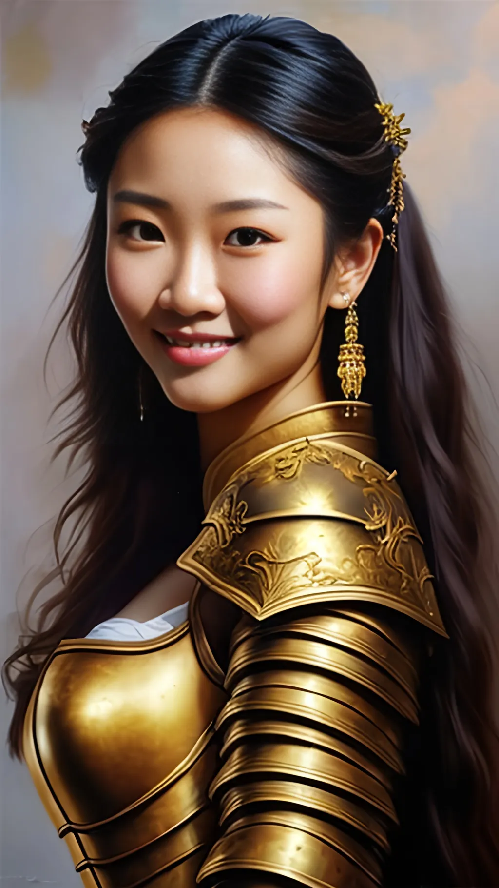 Prompt: airbrushed matte oil painting, masterpiece:1.4, best quality:1.0,
highly detailed, beautiful face, asian woman, medieval fantasy portrait, beautiful young female, paladin, gold plate armor, gold helmet, in the style of Eric Belisle