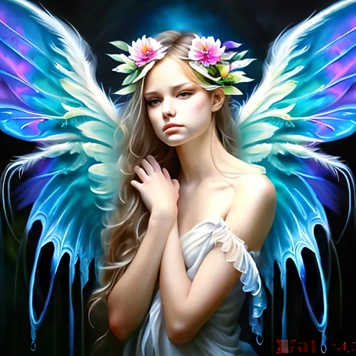 Prompt: airy airbrushed oil painting, masterpiece :1.4, best quality:1.0, highly detailed beautiful face, buxom female angel, feathered neon rainbow wings, diaphonous white chiffon dress, character portrait, in the style of Eric Belisle