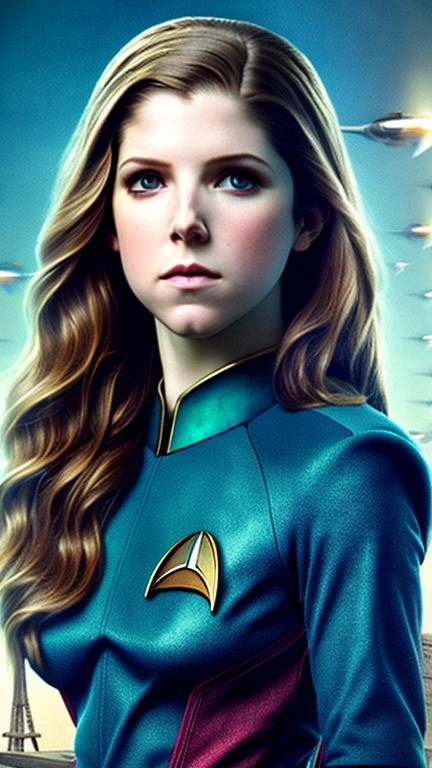 Prompt: airbrushed photograph, masterpiece :1.4, best quality:1.0, photorealistic, highly detailed, real world, beautiful face, Anna Kendrick as a Starfleet Captain