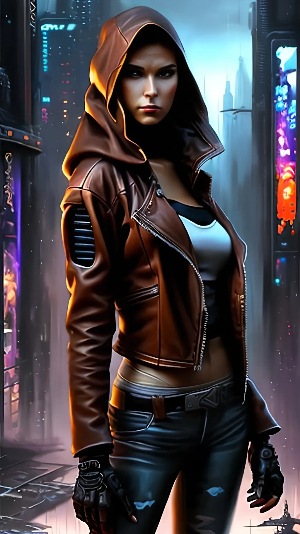 Prompt: airbrushed matte oil painting, masterpiece :1.4, best quality:1.0, cyberpunk, female mage wearing a brown leather jacket, character portrait, in the style of Eric Belisle