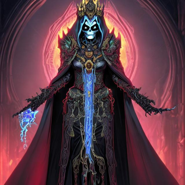 Prompt: female lich with glowing red eyes wearing ornate arcane robes and a black crystal crown