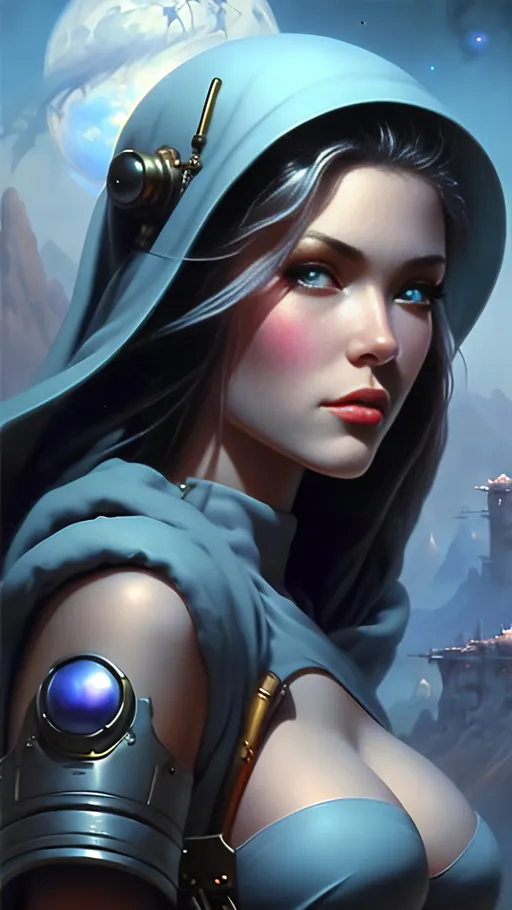 Prompt: airbrushed matte oil painting, masterpiece :1.4, best quality:1.0, retro-futuristic space fantasy heroine, beautiful face, scantily clad female, character portrait, in the style of Eric Belisle