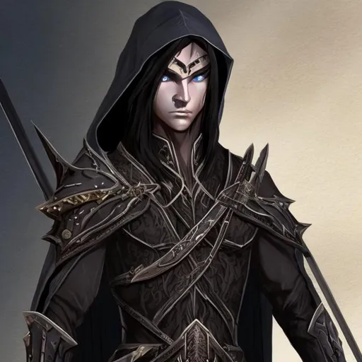 Prompt: a black cloaked male elven assassin with long brown hair wearing black studded leather armor and holding a curved knife