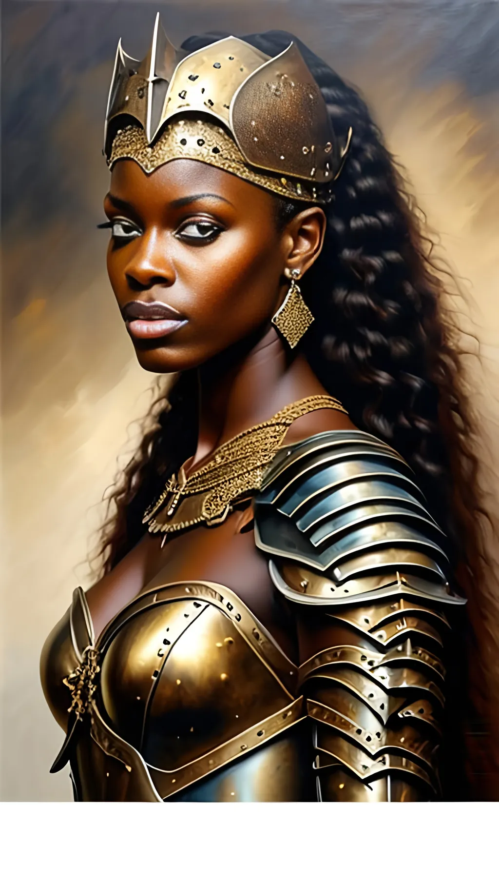 Prompt: airbrushed matte oil painting, masterpiece:1.4, best quality:1.0,
highly detailed, beautiful face, black african woman, medieval fantasy portrait, beautiful young female, paladin, gold plate armor, in the style of Eric Belisle