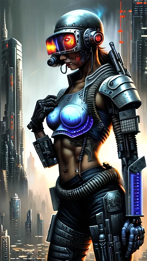 Prompt: airbrushed matte oil painting, masterpiece :1.4, best quality:1.0, cyberpunk, female cyborg mercenary wearing ballistic armor, character portrait, in the style of Eric Belisle
