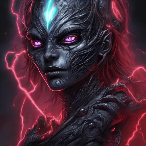 Prompt: artistic face; highly detailed; dark fantasy horror; female lich; glowing red eyes; black lightning