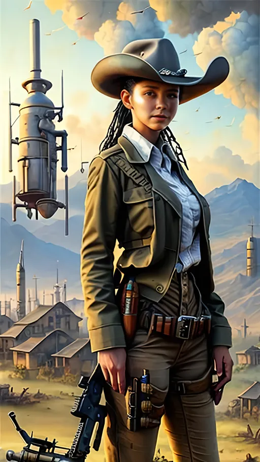 Prompt: airbrushed matte oil painting, masterpiece :1.4, best quality:1.0, optimistic future, solar-powered agricultural town, beautiful female solarpunk sheriff, rifle over shoulder, character portrait, in the style of Eric Belisle