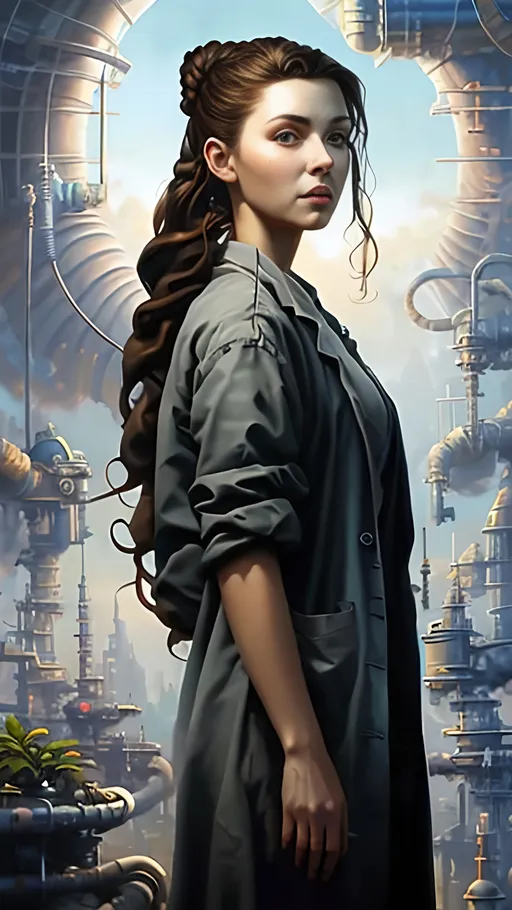 Prompt: airbrushed matte oil painting, masterpiece :1.4, best quality:1.0, optimistic future, solar power, small town, beautiful female solarpunk doctor, character portrait, in the style of Eric Belisle