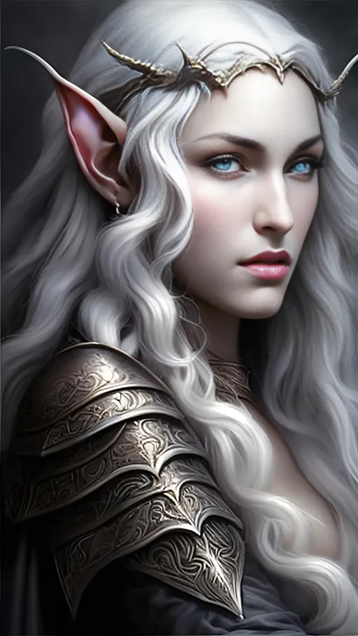 Prompt: airy airbrushed matte oil painting, masterpiece:1.4, best quality:1.0, beautiful face; dark medieval fantasy portrait; drow elf; dark elf; black-skin; white-hair; highly detailed; armor