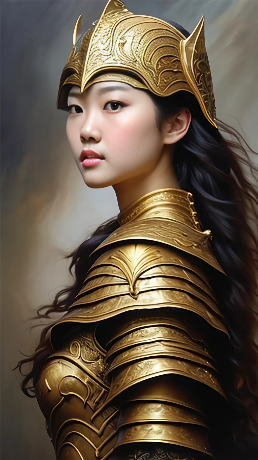 Prompt: airbrushed matte oil painting, masterpiece:1.4, best quality:1.0,
highly detailed, beautiful face, asian woman, medieval fantasy portrait, beautiful young female, paladin, gold plate armor, gold helmet, in the style of Eric Belisle