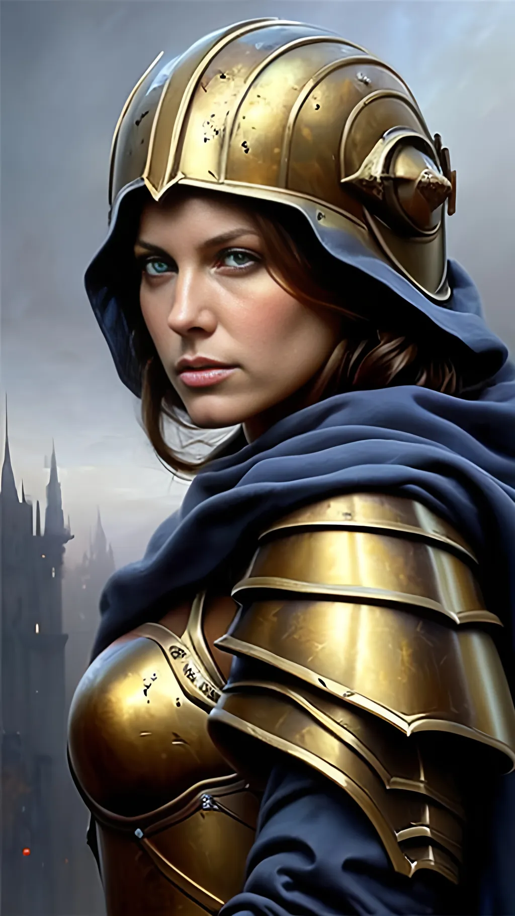 Prompt: airbrushed matte oil painting, masterpiece:1.4, best quality:1.0
realistic beautiful tanned face, medieval fantasy portrait, highly detailed, pretty female paladin, gold plate armor, in the style of Eric Belisle