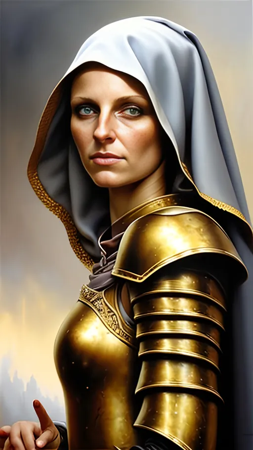 Prompt: airbrushed matte oil painting, masterpiece:1.4, best quality:1.0,
highly detailed face, sun-tanned face, medieval fantasy portrait, beautiful female warrior nun, gold plate armor, in the style of Eric Belisle