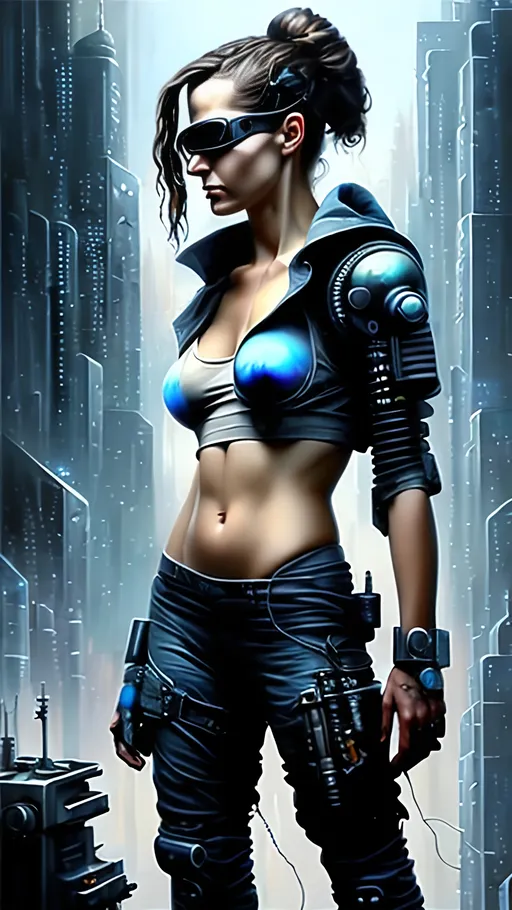 Prompt: airbrushed matte oil painting, masterpiece :1.4, best quality:1.0, cyberpunk, female, character portrait, in the style of Eric Belisle