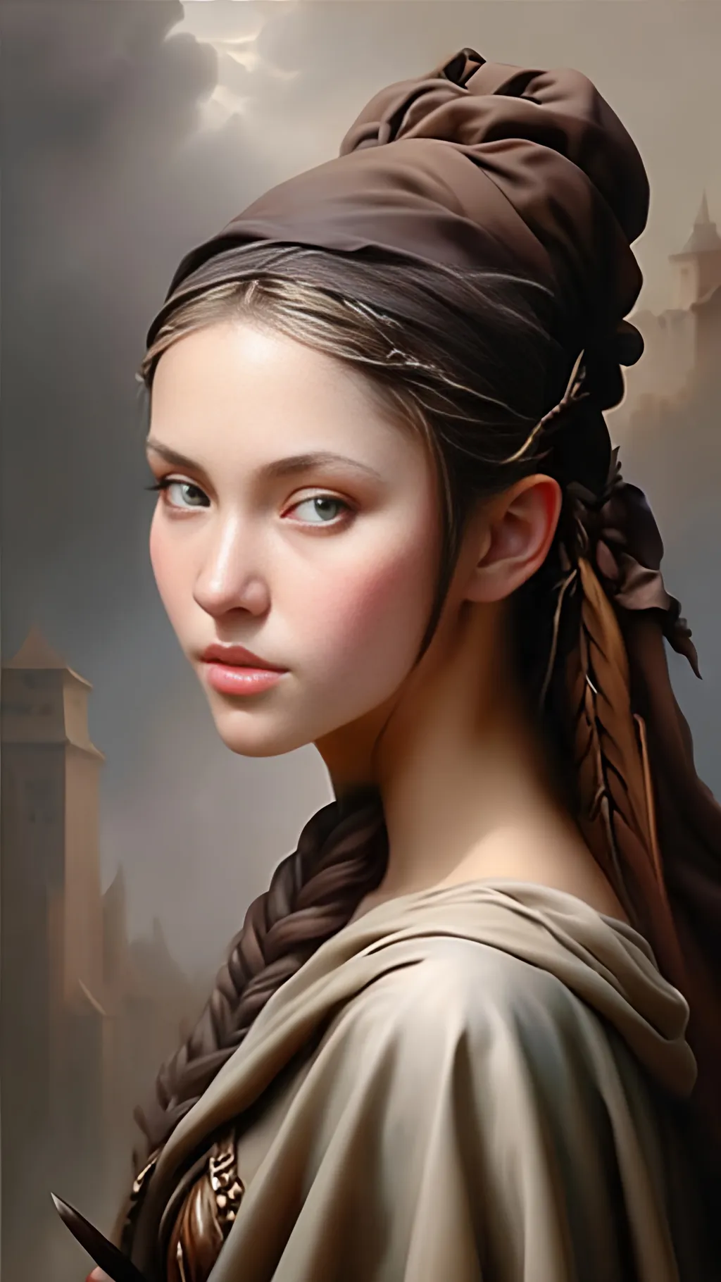 Prompt: airbrushed matte oil painting, masterpiece :1.4, best quality:1.0, medieval fantasy, female, character portrait, in the style of Eric Belisle