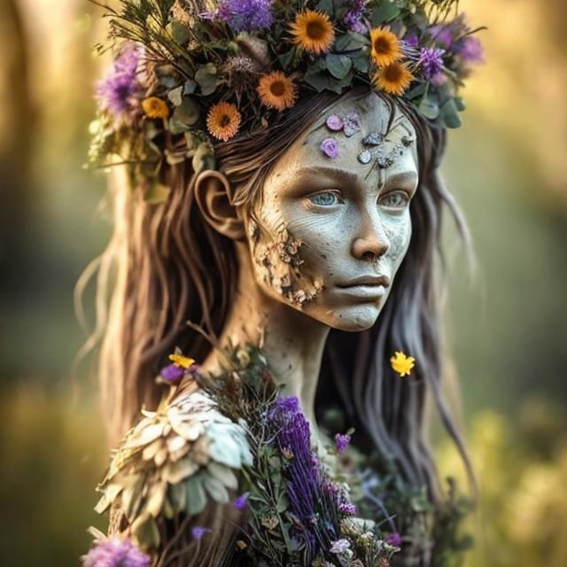 Prompt: realistic face; highly detailed; beautiful; dryad; wooden skin; dress made of wildflowers; crown of wildflowers; peaking from behind a tree