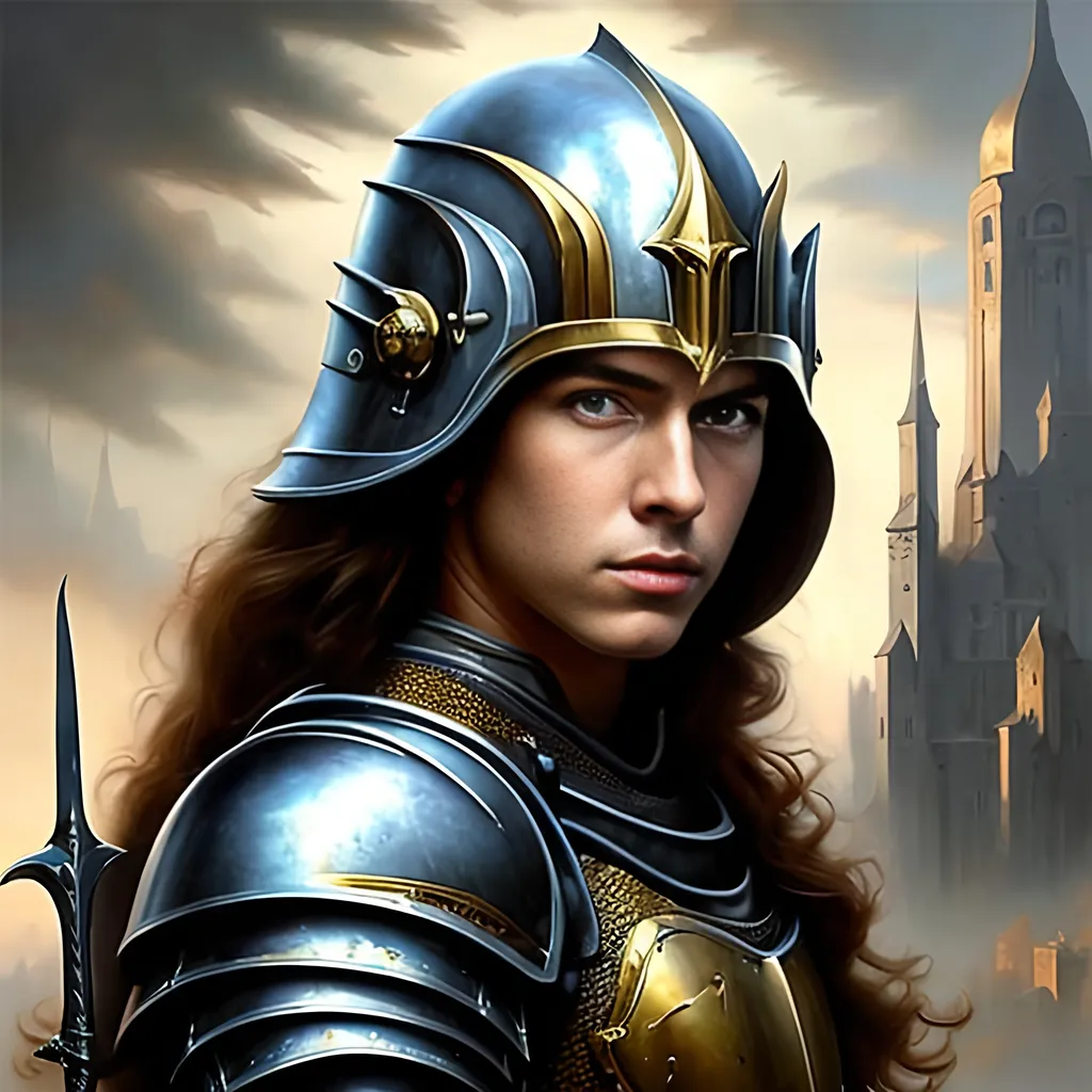 Prompt: airbrushed matte oil painting, masterpiece:1.4, best quality:1.0
realistic beautiful face, medieval fantasy portrait, highly detailed; handsome young female paladin, gold plate armor, in the style of Eric Belisle