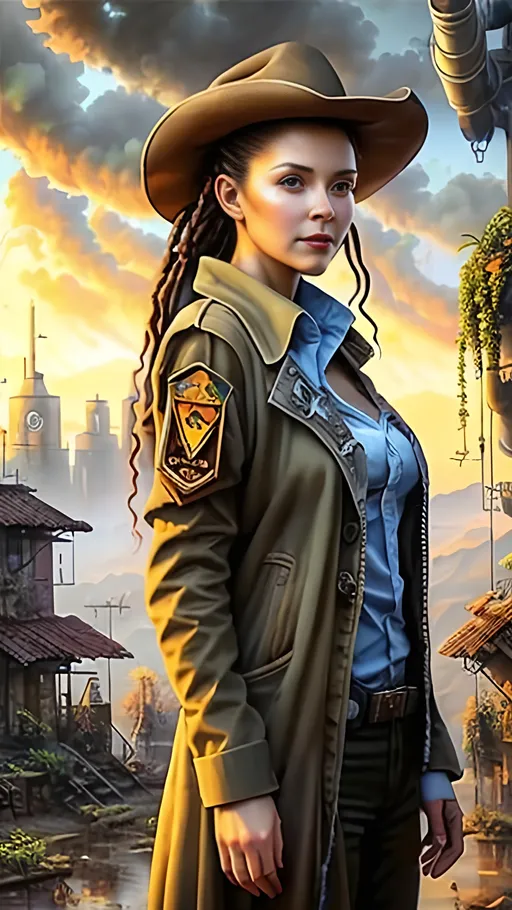 Prompt: airbrushed matte oil painting, masterpiece :1.4, best quality:1.0, optimistic future, beautiful female solarpunk agricultural town sheriff, character portrait, in the style of Eric Belisle