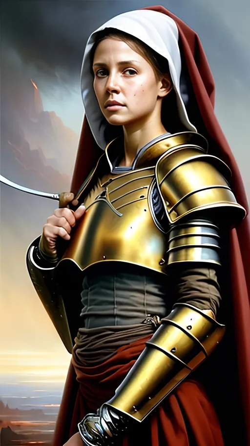 Prompt: airbrushed matte oil painting, masterpiece:1.4, best quality:1.0
realistic beautiful tanned face, medieval fantasy portrait, pretty female warrior nun, gold plate armor, in the style of Eric Belisle