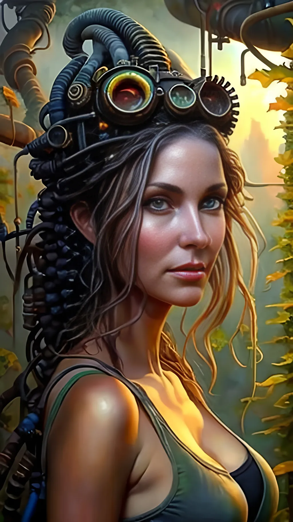 Prompt: airbrushed oil painting, masterpiece :1.4, best quality:1.0, solarpunk female gardner, character portrait, in the style of Eric Belisle