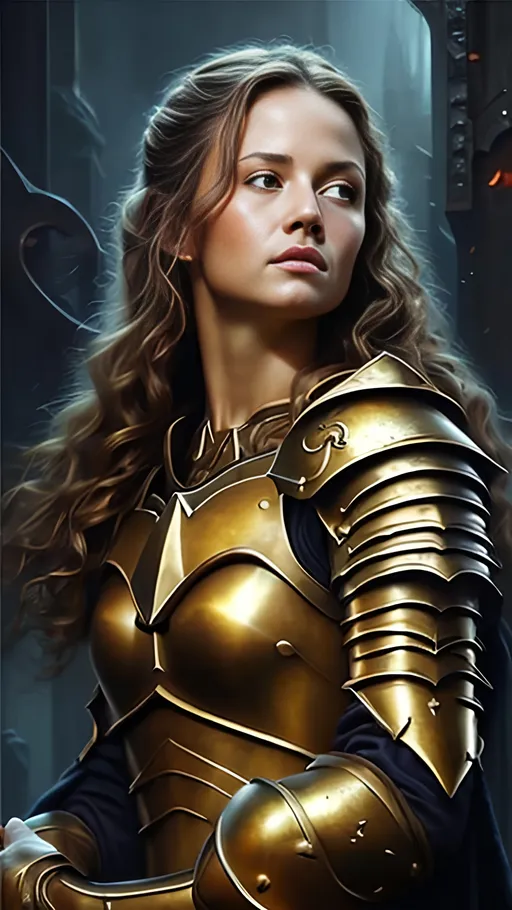 Prompt: airbrushed matte oil painting, masterpiece:1.4, best quality:1.0
realistic beautiful tanned face, medieval fantasy portrait, highly detailed, pretty female paladin, gold plate armor, in the style of Eric Belisle