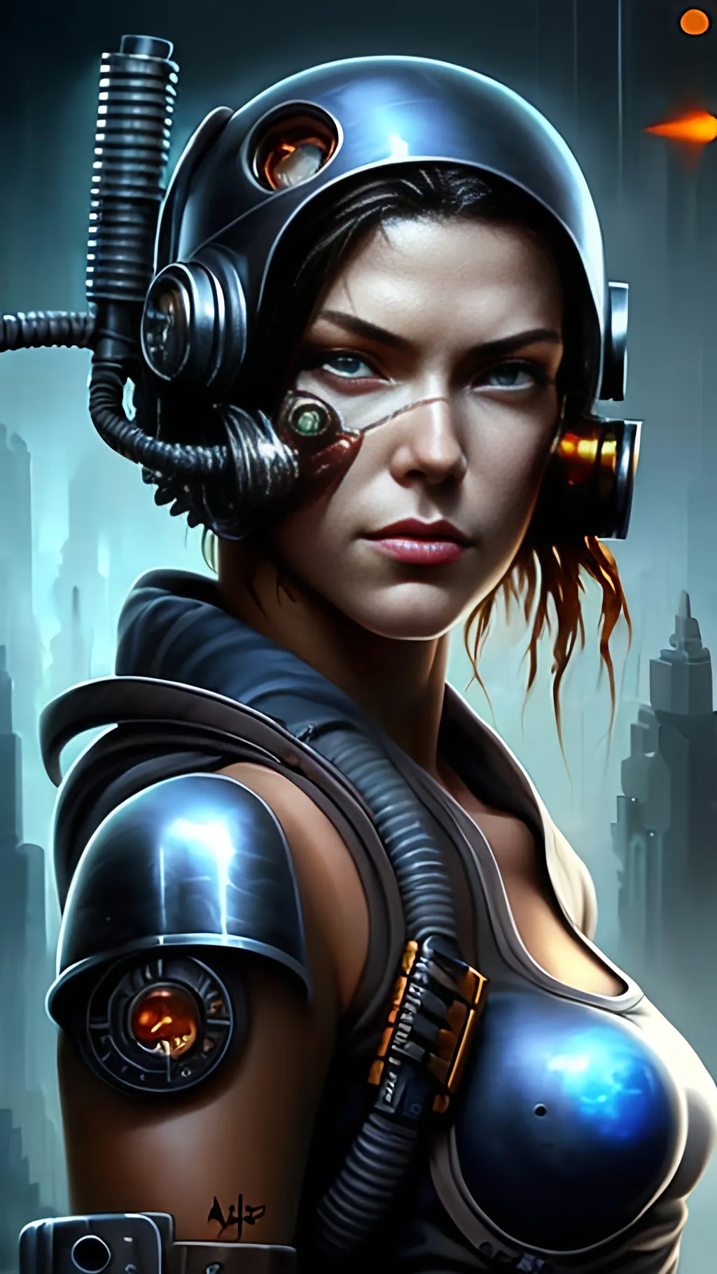 Prompt: airbrushed matte oil painting, masterpiece :1.4, best quality:1.0, cyberpunk, female cyborg mercenary, character portrait, in the style of Eric Belisle