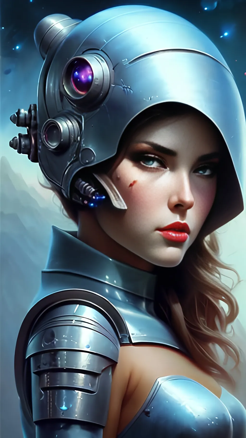 Prompt: airbrushed matte oil painting, masterpiece :1.4, best quality:1.0, retro-futuristic space fantasy robot heroine, beautiful face, character portrait, in the style of Eric Belisle